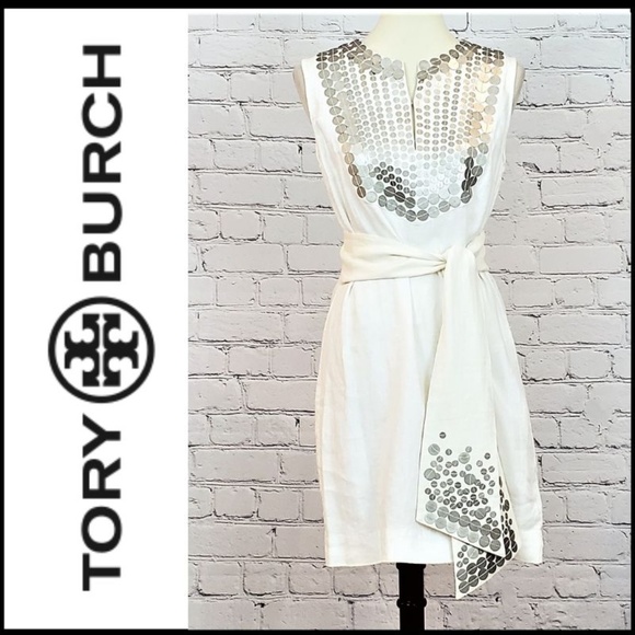 Tory Burch Dresses & Skirts - TORY BURCH White Linen w/Platinum Sequined Dress 8